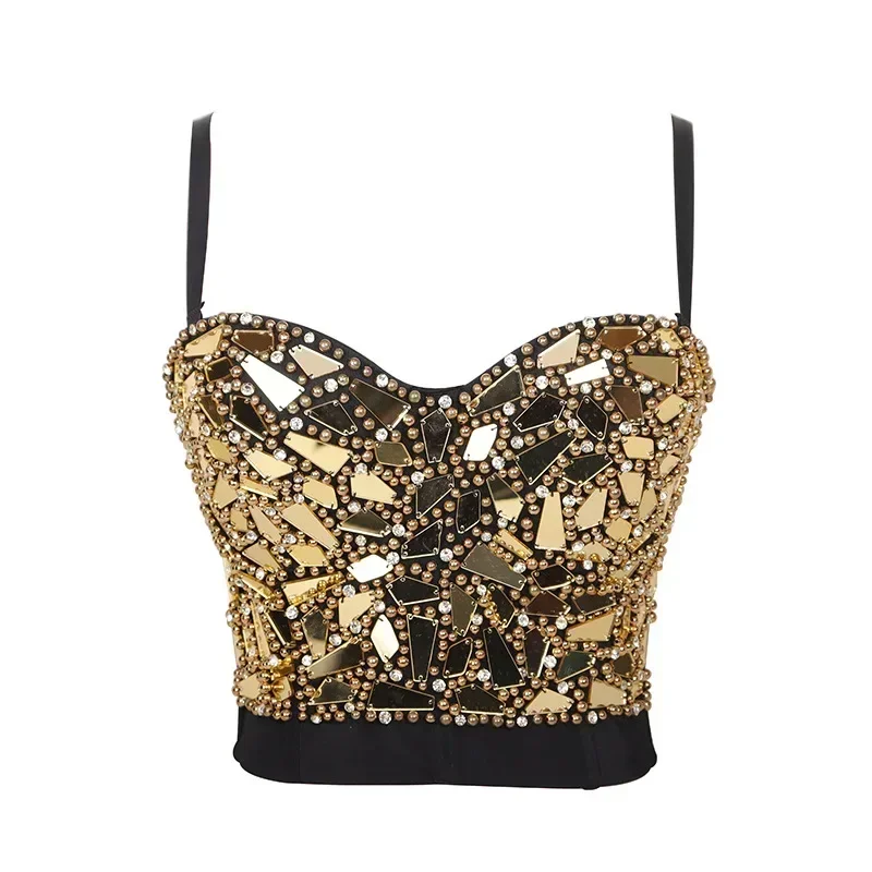 Gorset damski z cyrkoniami - sexy bustier push-up na imprezę Złoty