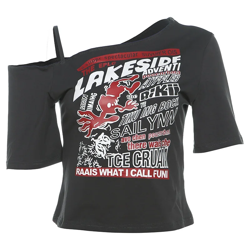 Gothic crop top bez ramion z literowym nadrukiem — styl Y2K Harajuku Ciemnoszary