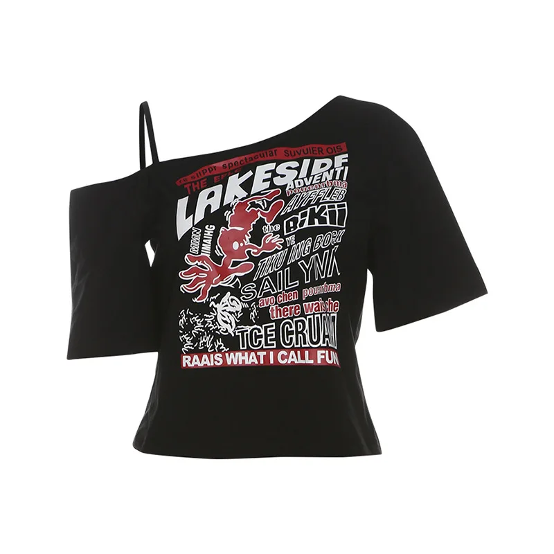 Gothic crop top bez ramion z literowym nadrukiem — styl Y2K Harajuku Czarny