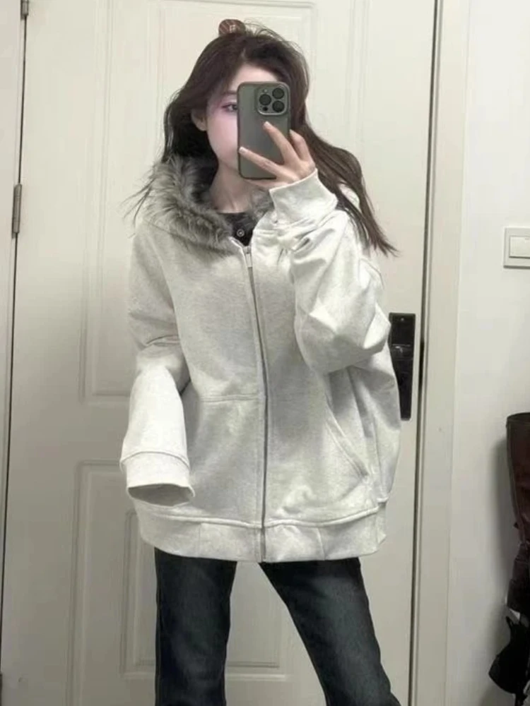 Gotycka kurtka z kapturem sztuczne futro Y2K Harajuku Fuksja