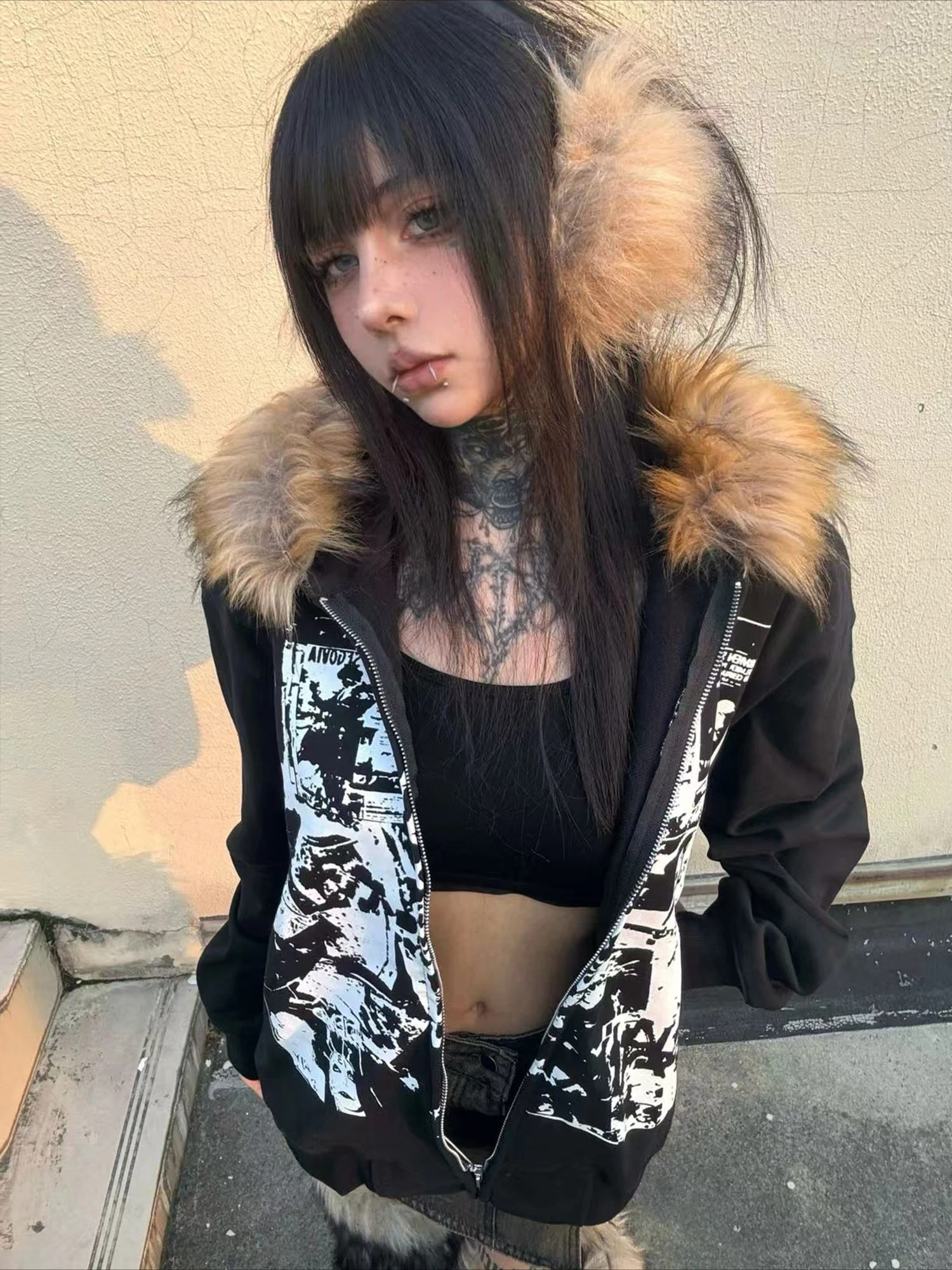 Gotycka kurtka z kapturem sztuczne futro Y2K Harajuku Niebieski