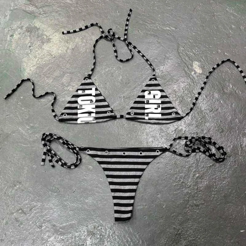 Gotyckie bikini z nadrukiem liter w stylu Y2K Hui
