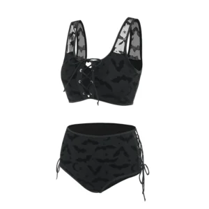 Gotyckie bikini z siatką koronką damskie dwuczęściowe Czarny