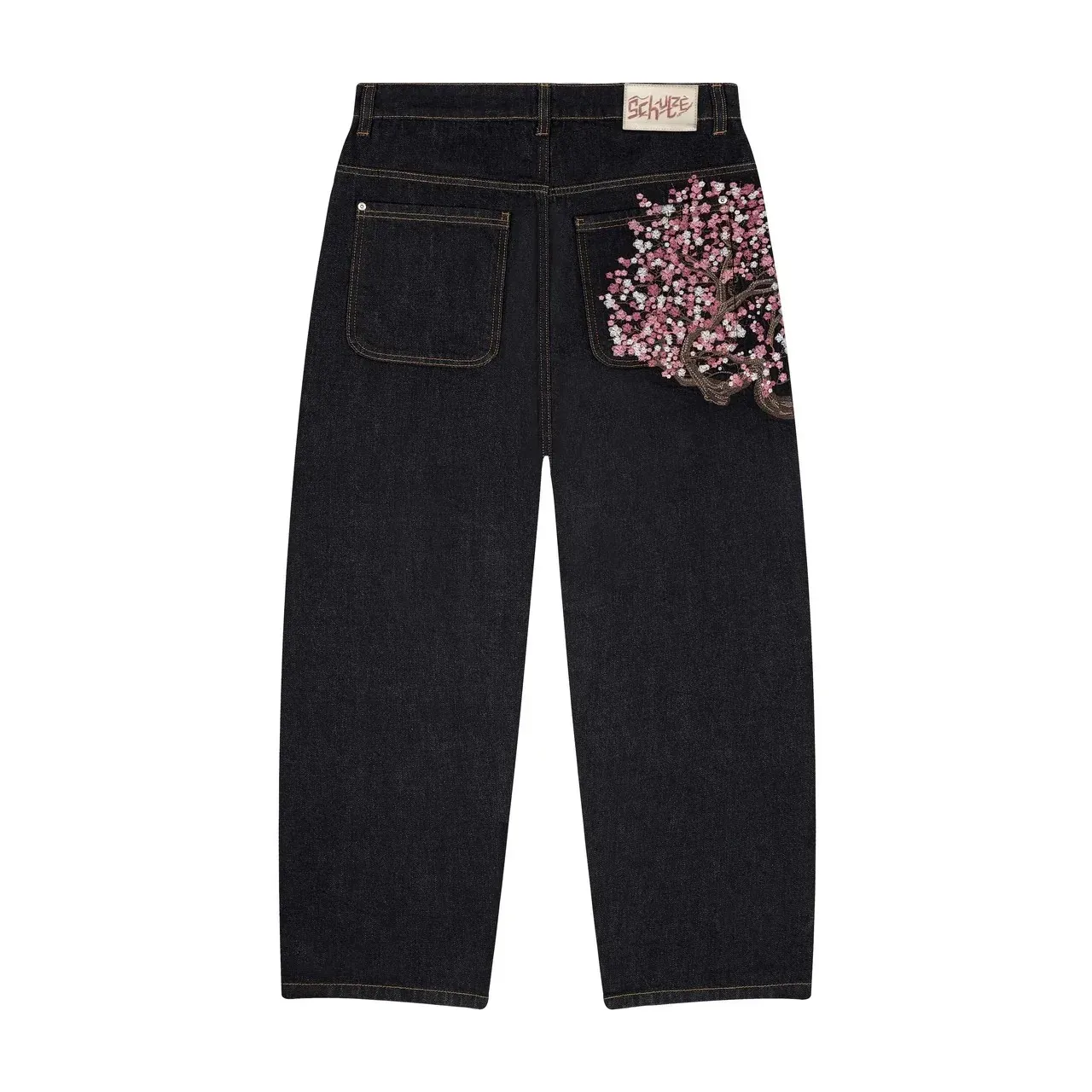 Gotyckie jeansy z haftem diamentowym rozkloszowane vintage Y2K Zielony