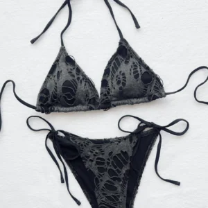 Gotyckie mikro bikini Y2K z wiązaniami halter punk Czarny