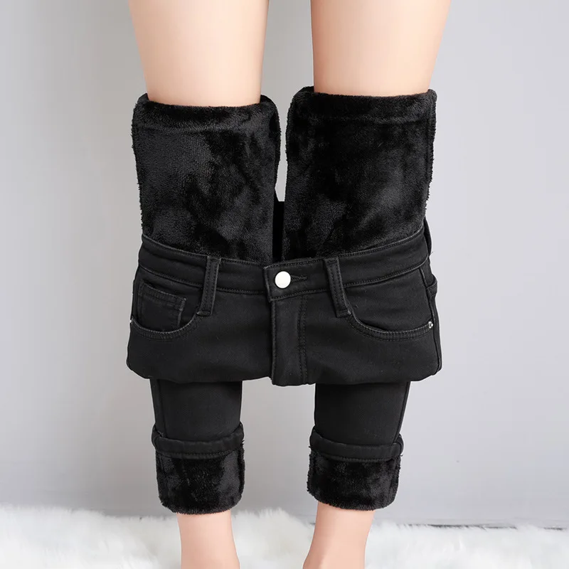 Grube pluszowe jeansy damskie z polarem skinny ciepłe Czarny