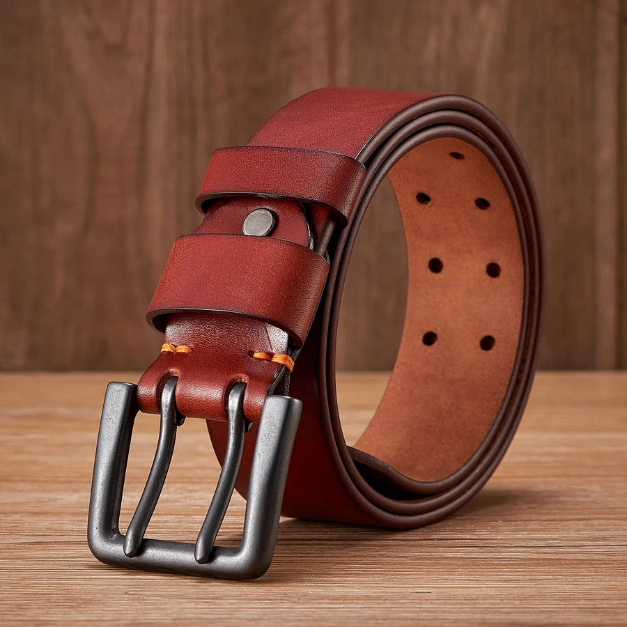 Gruby skórzany pasek kowbojski 4,3 cm z podwójną klamrą do jeansów Czerwony