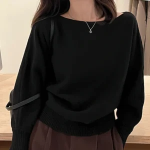 Gruby sweter damski z odkrytymi ramionami w stylu koreańskim Czarny