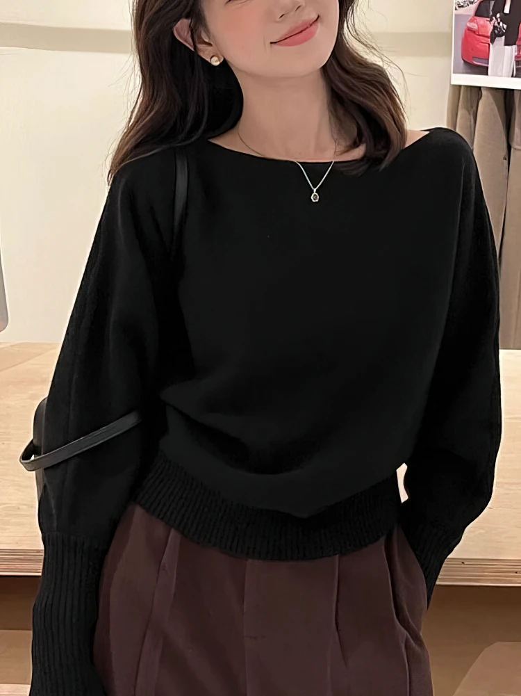 Gruby sweter damski z odkrytymi ramionami w stylu koreańskim Czarny