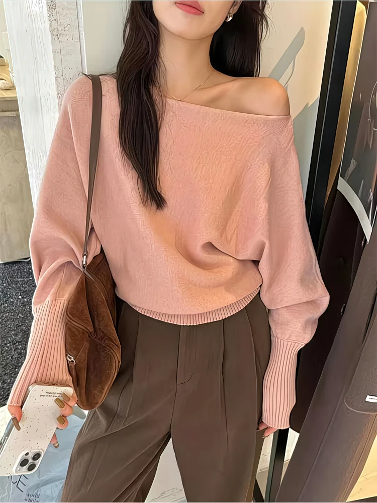 Gruby sweter damski z odkrytymi ramionami w stylu koreańskim Różowy