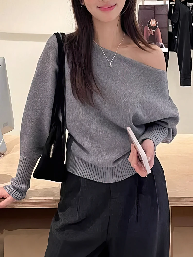 Gruby sweter damski z odkrytymi ramionami w stylu koreańskim Szary