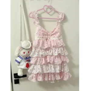Japońska mini sukienka bez rękawów w groszki — słodki styl kawaii Różowy