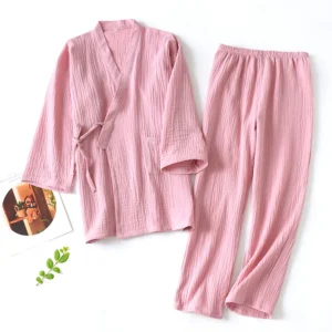 Japońska piżama kimono yukata bawełniana para unisex Beżowy