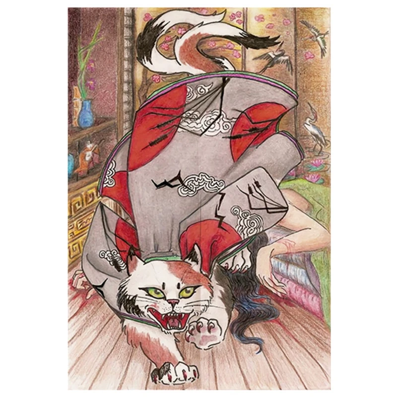 Japońska zasłona Noren z motywem kota Ukiyo-e Bordowy