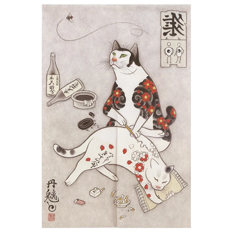 Japońska zasłona Noren z motywem kota Ukiyo-e Granatowy