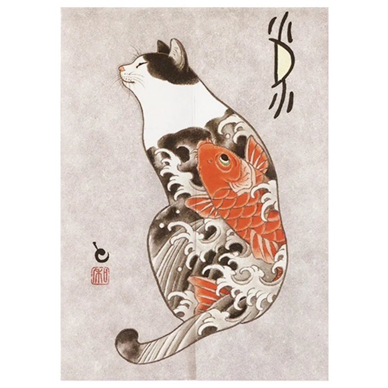 Japońska zasłona Noren z motywem kota Ukiyo-e Jasnoszary
