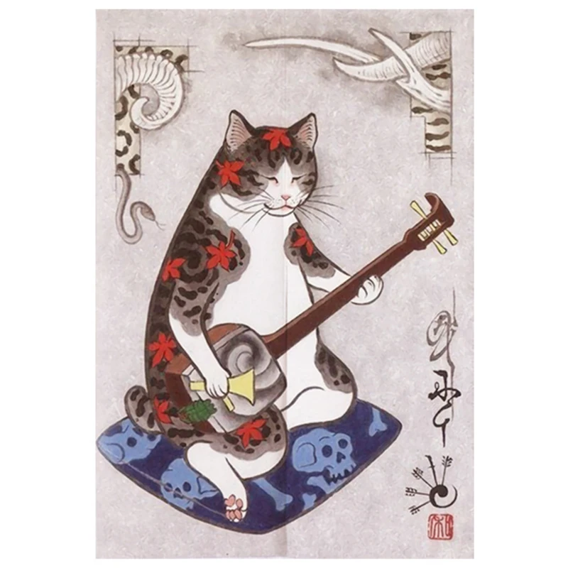 Japońska zasłona Noren z motywem kota Ukiyo-e Jasnozielony