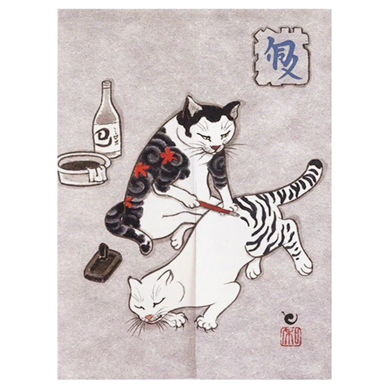 Japońska zasłona Noren z motywem kota Ukiyo-e Zielony