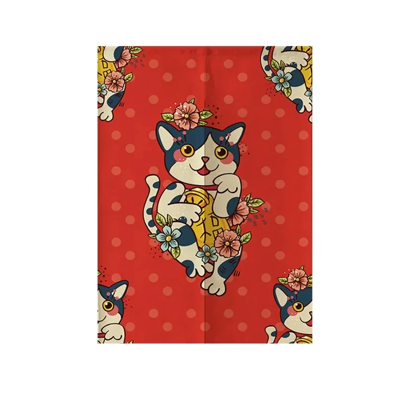 Japońska zasłona Noren Lucky Cat - Szczęśliwy Kot Bordowy