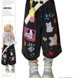 Jeansowe szorty damskie Y2K Harajuku — styl koreański Grunge Czarny
