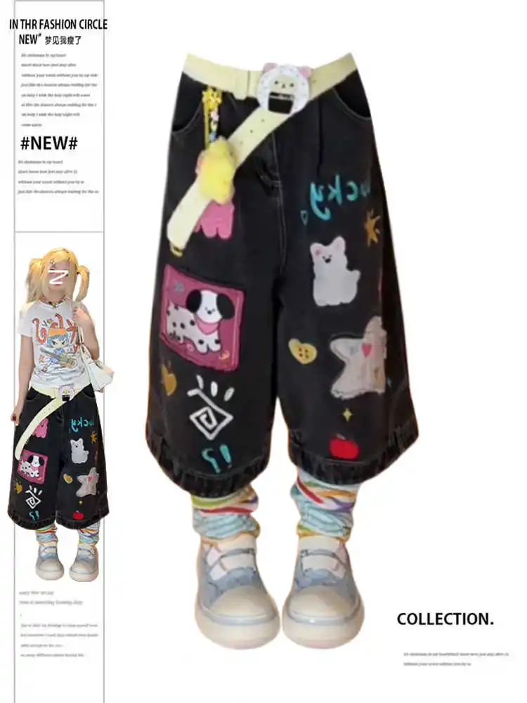 Jeansowe szorty damskie Y2K Harajuku — styl koreański Grunge Czarny