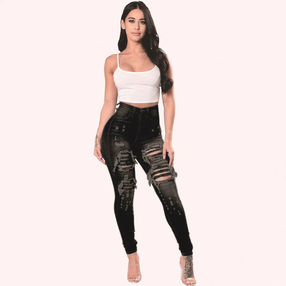 Jeansy damskie z wysokim stanem skinny stretch – rurki S-3XL Czarny