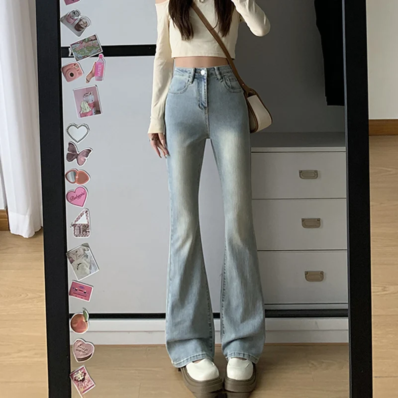 Jeansy dzwony damskie skinny Y2K punk z wysokim stanem Beżowy