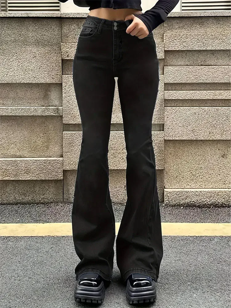 Jeansy dzwony damskie skinny Y2K punk z wysokim stanem Szampan