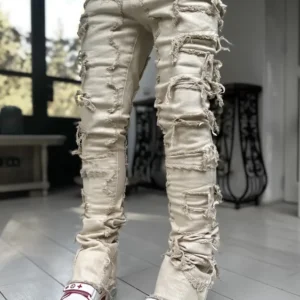 Jeansy męskie slim fit z przetarciami w stylu hip-hop Jak na zdjęciu