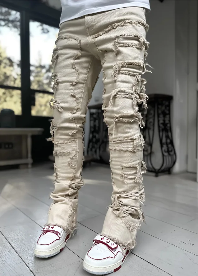 Jeansy męskie slim fit z przetarciami w stylu hip-hop Jak na zdjęciu