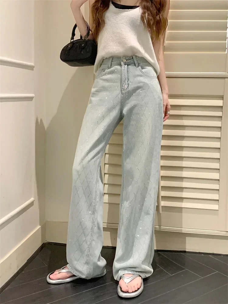 Jeansy w kratę Y2K damskie vintage w stylu lat 2000 Niebieski