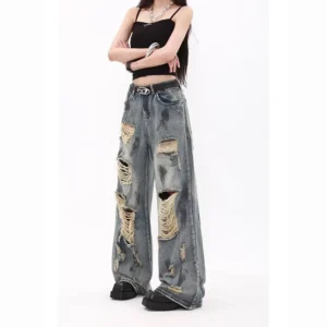 Jeansy z dziurami w stylu retro z szerokimi nogawkami C8599