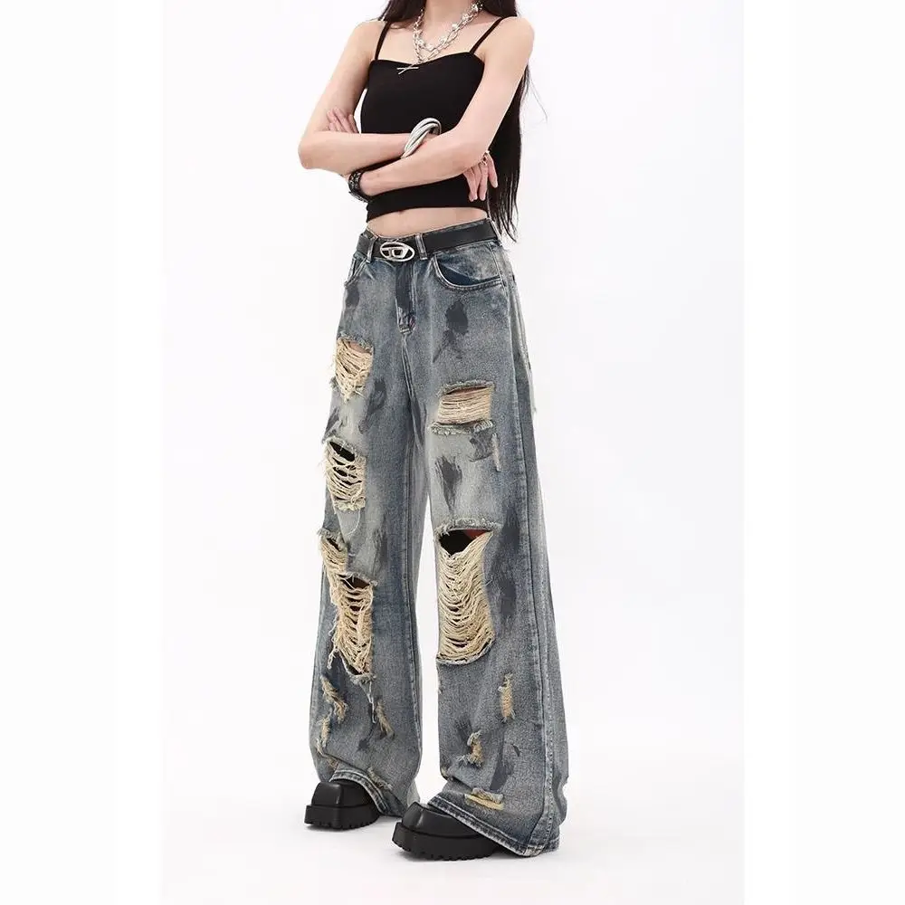 Jeansy z dziurami w stylu retro z szerokimi nogawkami C8599