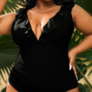 Jednoczęściowy strój kąpielowy plus size z dekoltem V Czarny