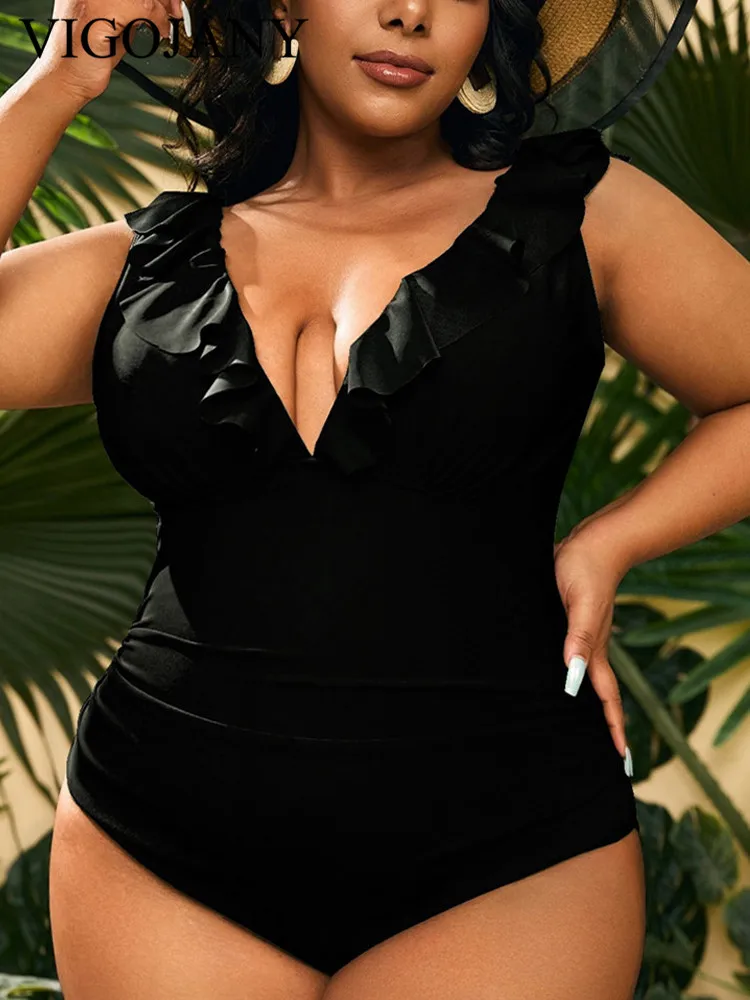Jednoczęściowy strój kąpielowy plus size z dekoltem V Czarny