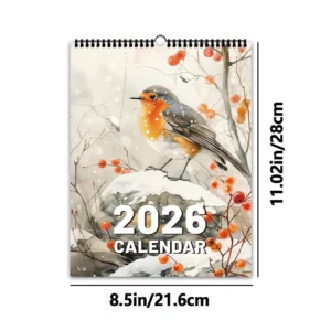 Kalendarz ścienny 2026 z akwarelowymi ptakami w stylu vintage Wielo