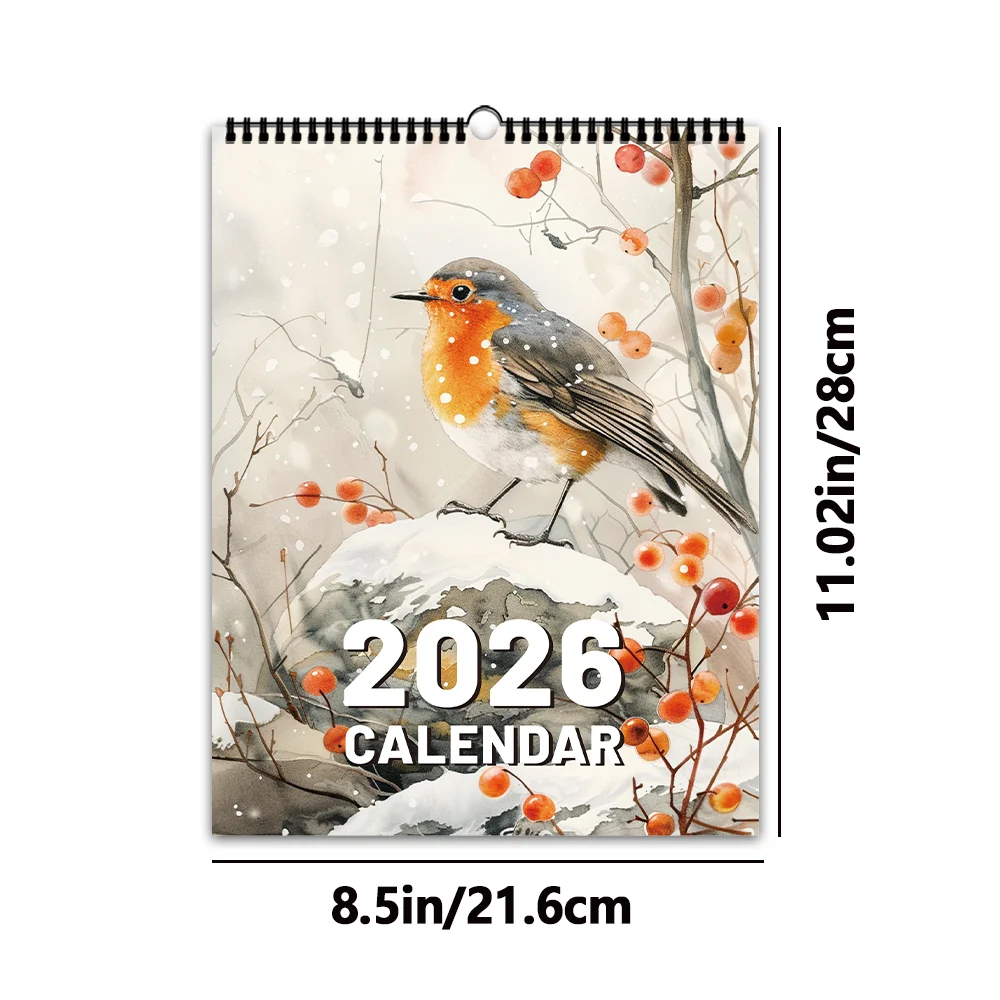 Kalendarz ścienny 2026 z akwarelowymi ptakami w stylu vintage Wielo
