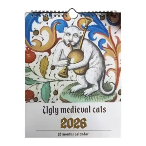 Kalendarz ścienny 2026 ze średniowiecznymi kotami Biały