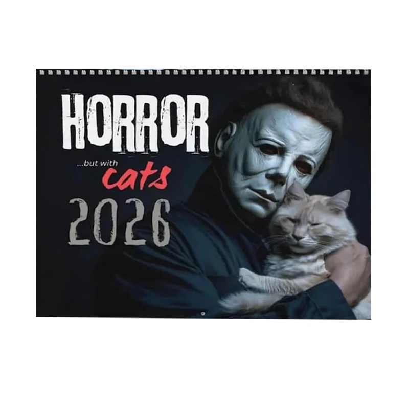 Kalendarz ścienny Halloween 2026 z kotami – 12-miesięczny spiralny Biały