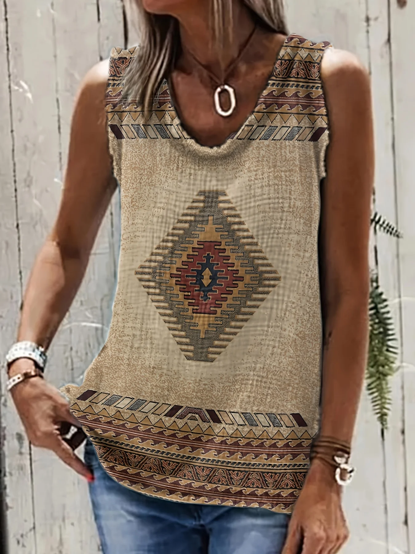 Luźna kamizelka damska bez rękawów w stylu etnicznym boho Khaki