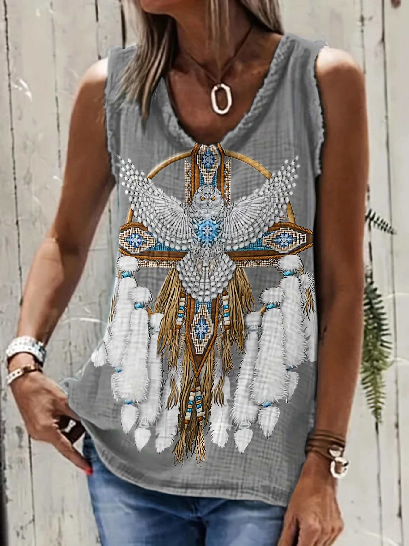 Luźna kamizelka damska bez rękawów w stylu etnicznym boho Szary