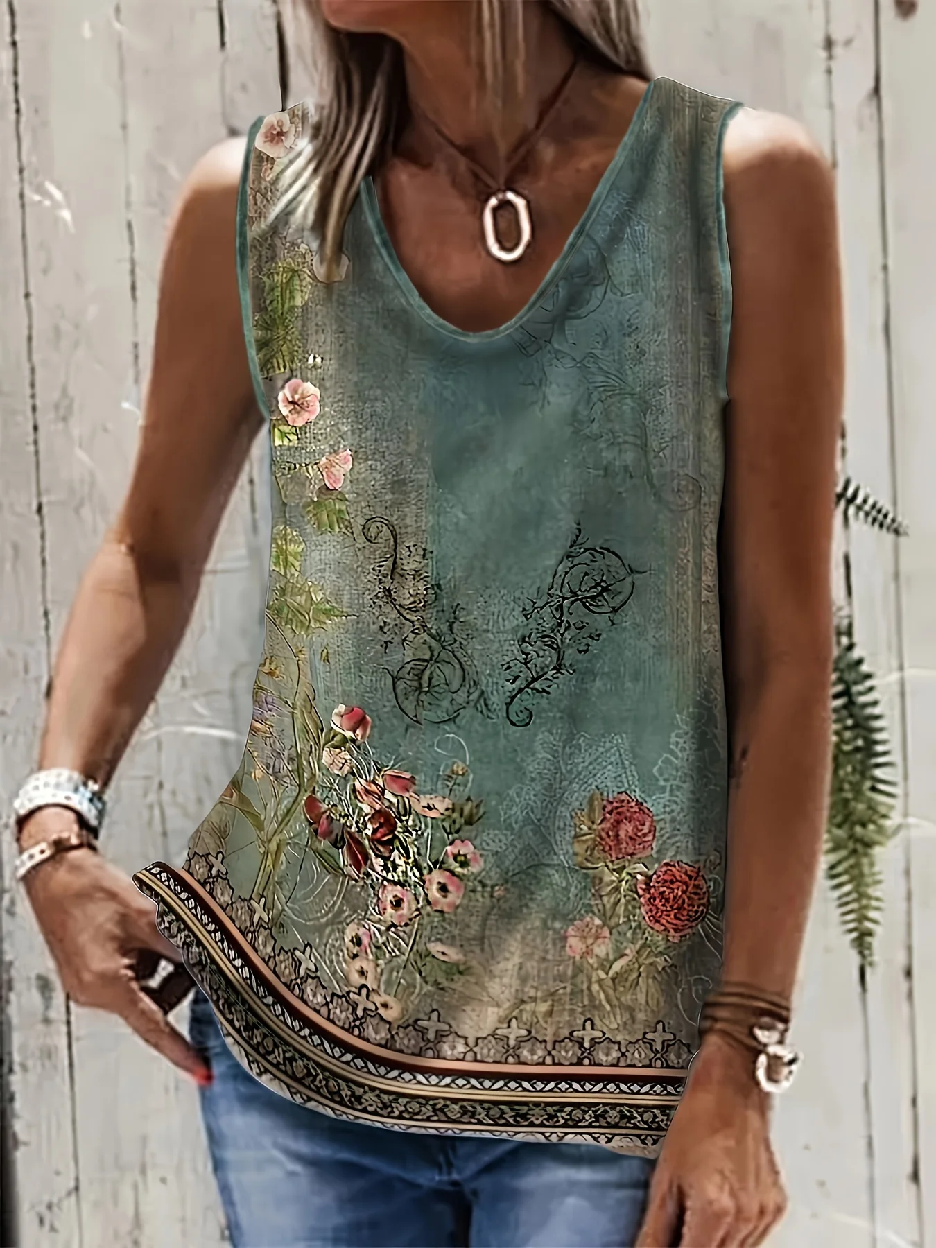 Luźna kamizelka damska bez rękawów w stylu etnicznym boho Turkusowy