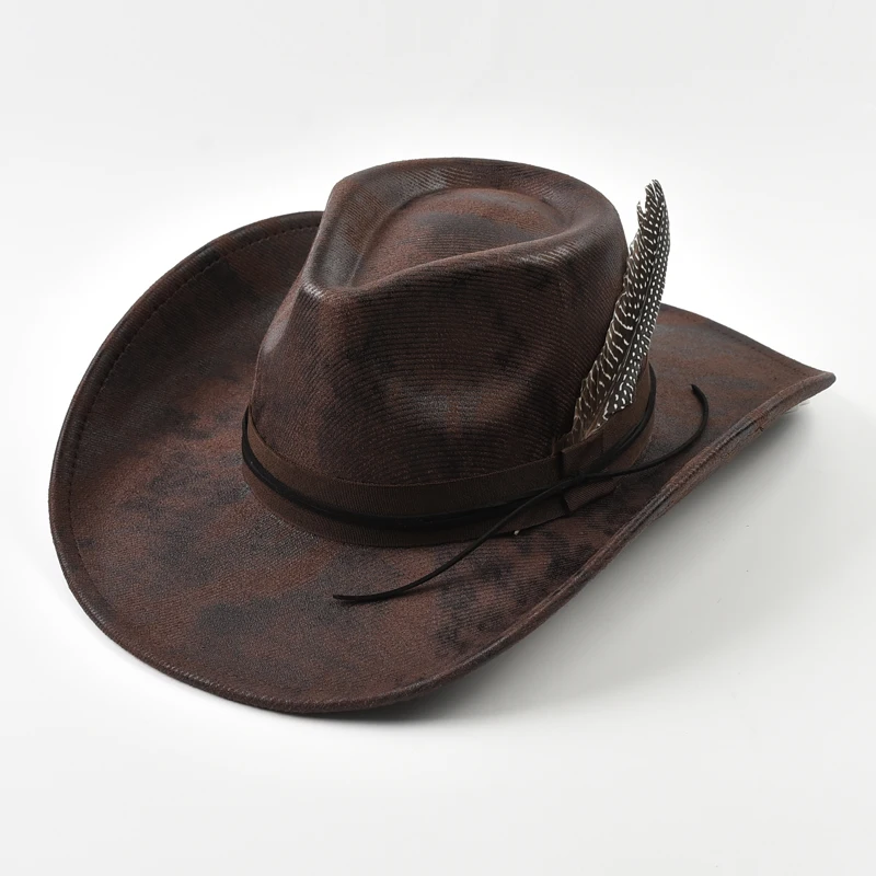 Kapelusz fedora z piórem, kowbojski styl western Kawowy