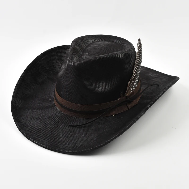 Kapelusz fedora z piórem, kowbojski styl western Czarny