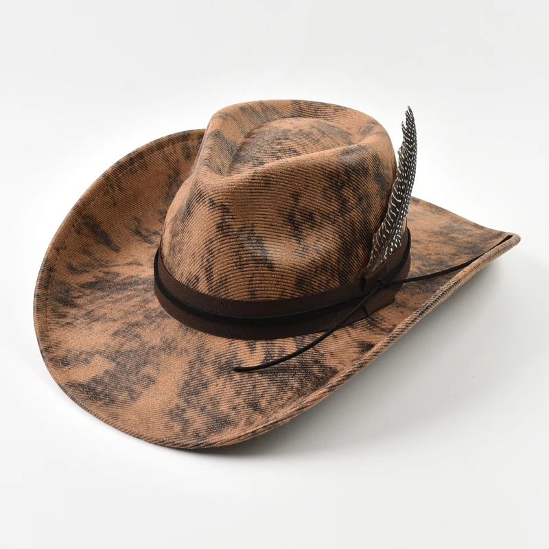 Kapelusz fedora z piórem, kowbojski styl western Jasny brąz