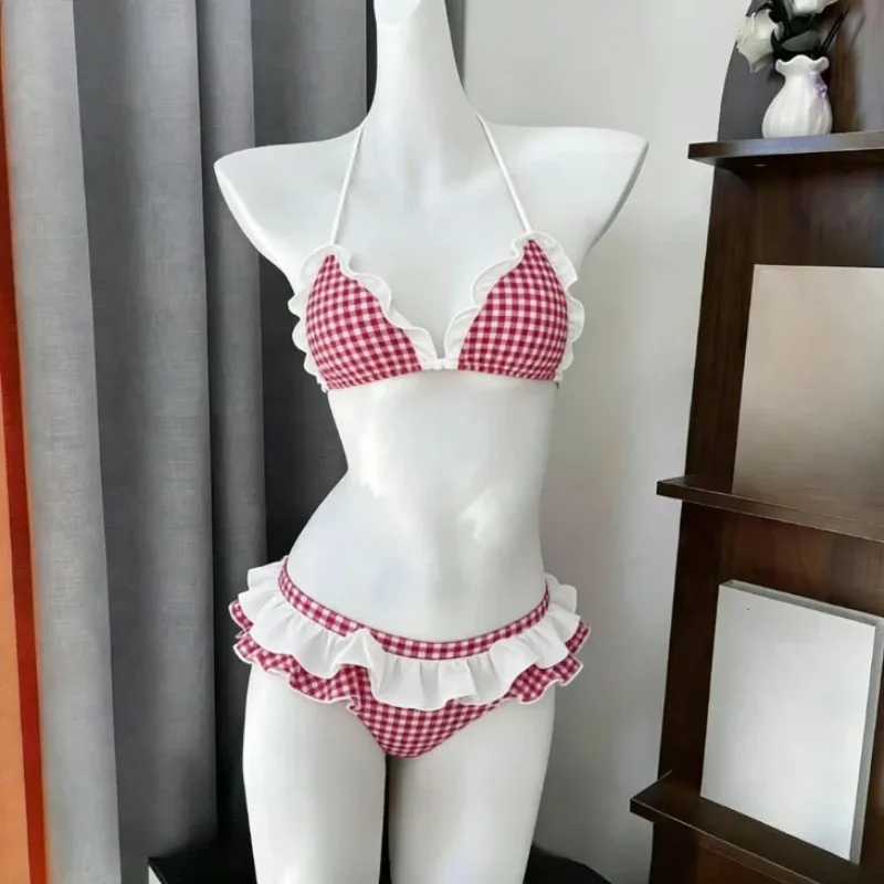 Kawaii bikini z falbankami wiązane na szyi — japoński styl Cyjan