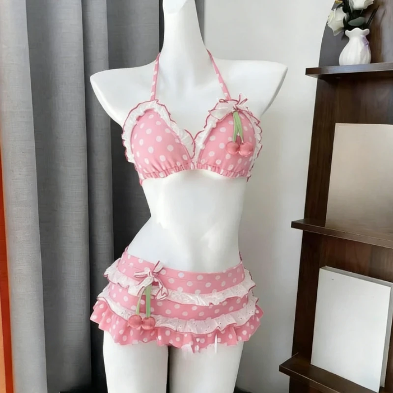 Kawaii bikini z falbankami wiązane na szyi — japoński styl Ciemnoniebieski