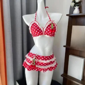 Kawaii bikini z falbankami wiązane na szyi — japoński styl Jasny