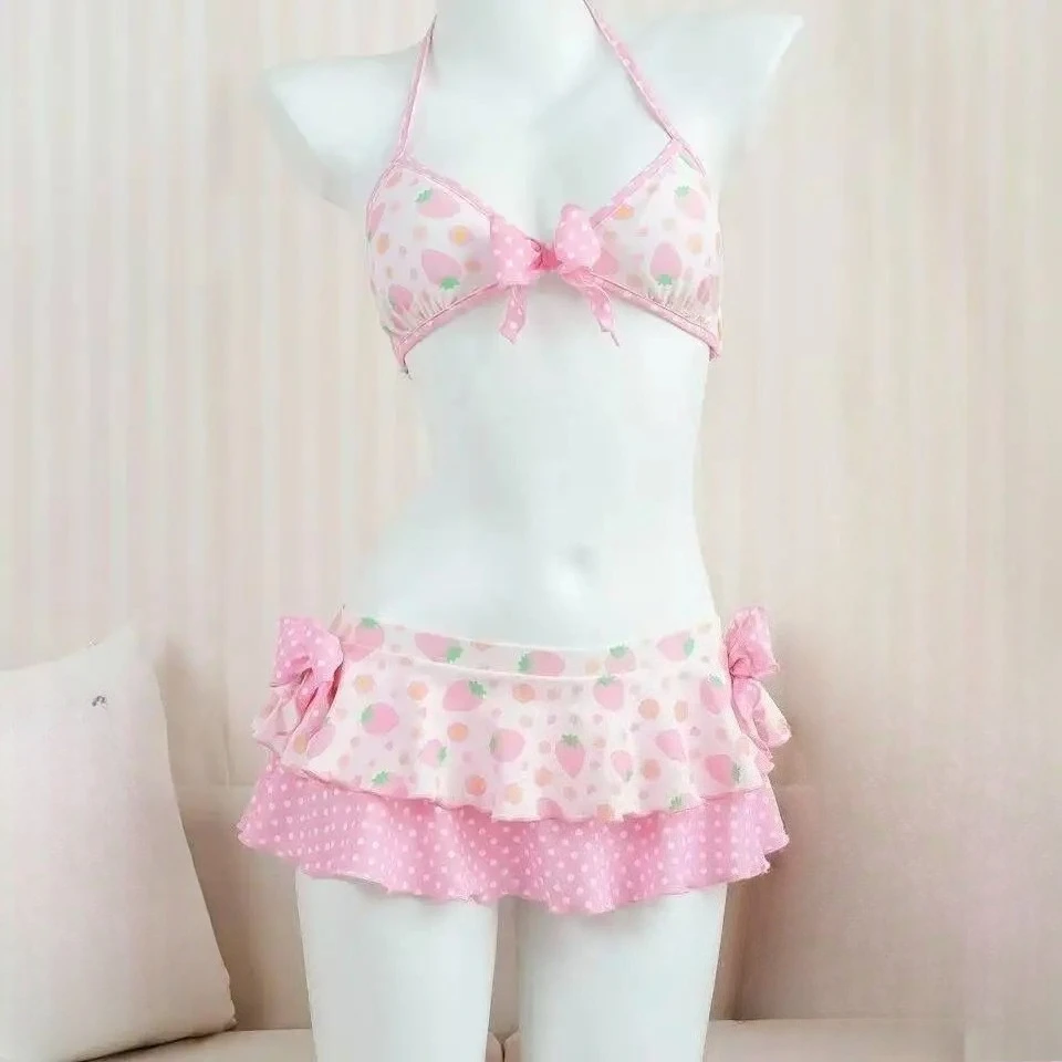 Kawaii bikini z falbankami wiązane na szyi — japoński styl Różowy