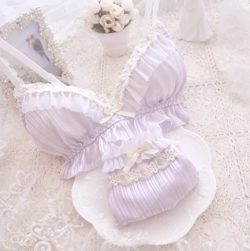 Kawaii komplet bielizny z kokardkami, biustonosz i majtki Lolita Lawenda